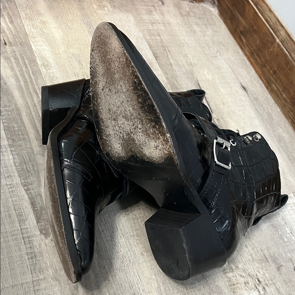 All Saints Black Croc-Embossed Patent Leather Lace-Up Ankle Boots - Picture 4 of 8